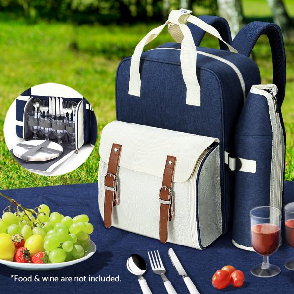 Picnic Basket Backpack Set Cooler Bag 4 Person Outdoor Liquor – Blue and White