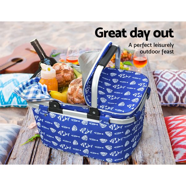 Folding Picnic Bag Basket Cooler Hamper Camping Hiking Insulated Lunch – Blue