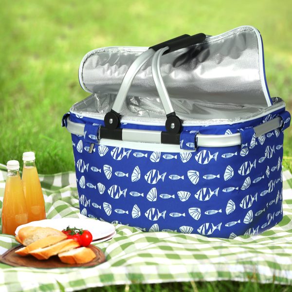 Folding Picnic Bag Basket Cooler Hamper Camping Hiking Insulated Lunch – Blue