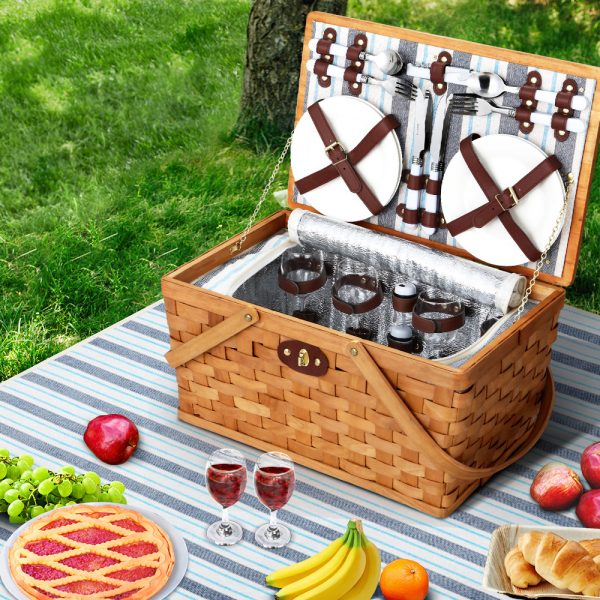 4 Person Picnic Basket Set Wooden Blanket Bag Insulated