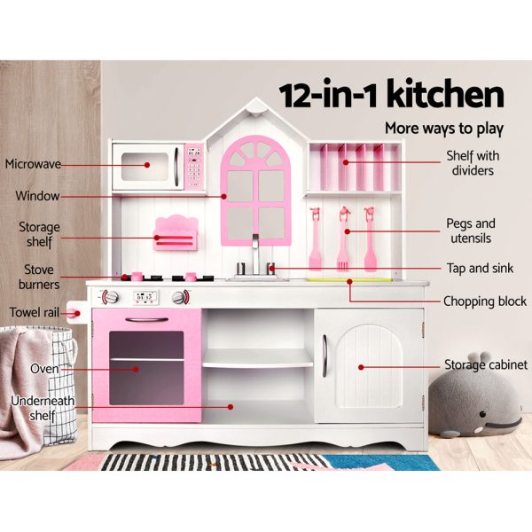 Kids Kitchen Play Set Wooden Pretend Toys Cooking Children Storage Cabinet