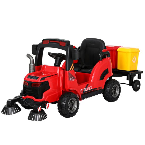 Kids Ride On Car Street Sweeper Truck w/Rotating Brushes Garbage Cans – Red