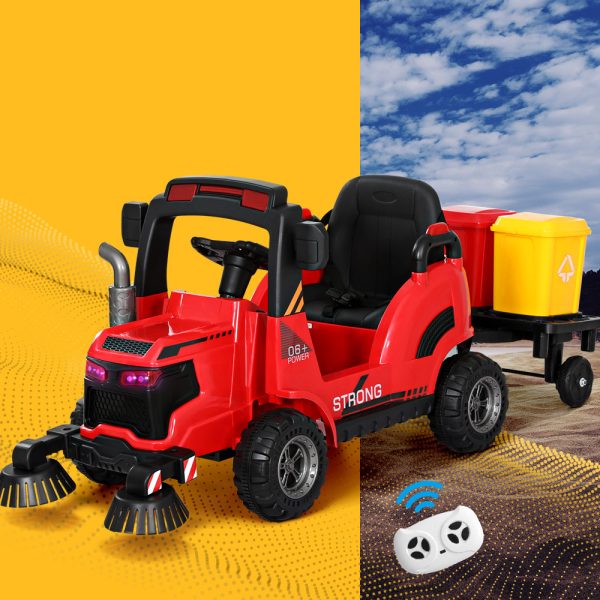 Kids Ride On Car Street Sweeper Truck w/Rotating Brushes Garbage Cans – Red