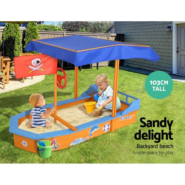 Kids Sandpit Wooden Boat Sand Pit with Canopy Bench Seat Beach Toys 150cm