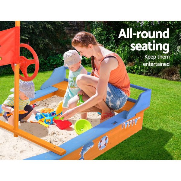 Kids Sandpit Wooden Boat Sand Pit with Canopy Bench Seat Beach Toys 150cm