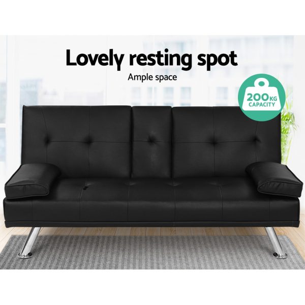 Sofa Bed 168CM Black PU Leather