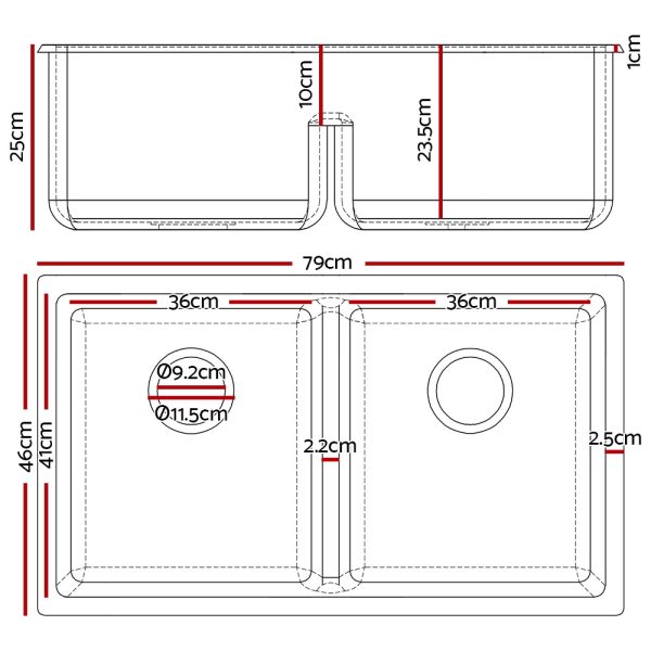 Stone Kitchen Sink 790X460MM Granite Under/Topmount Basin Double Bowl – Black