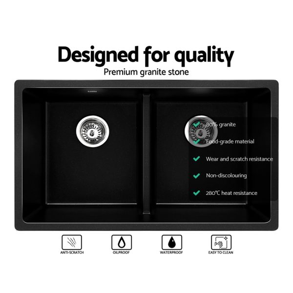 Stone Kitchen Sink 790X460MM Granite Under/Topmount Basin Double Bowl – Black