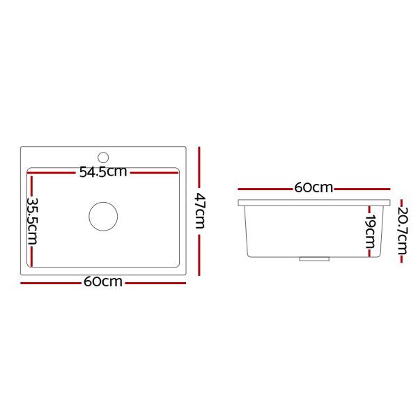 Kitchen Sink Granite Stone Sinks Basin Single Bowl Black 600mmx470mm