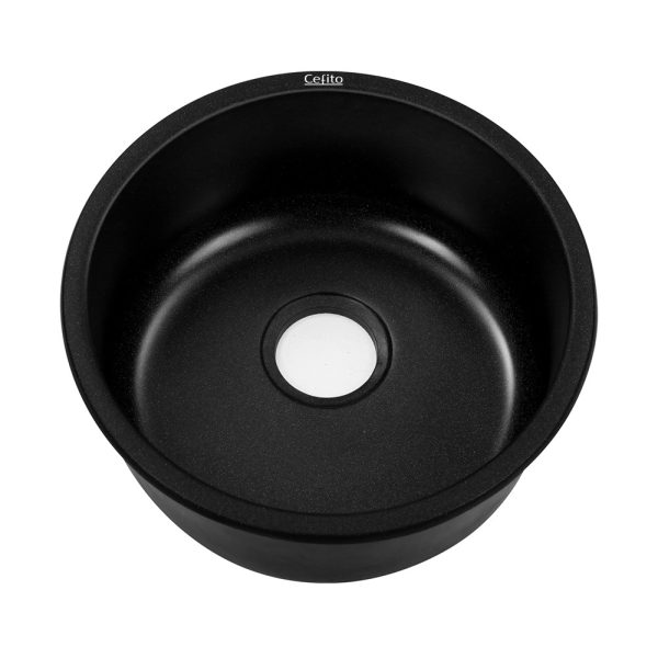 Stone Kitchen Sink Round 430MM Granite Under/Topmount Basin Bowl Laundry – Black