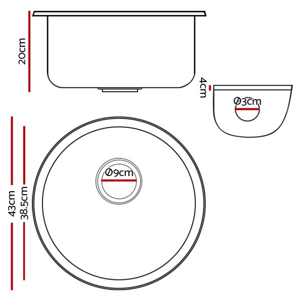 Stone Kitchen Sink Round 430MM Granite Under/Topmount Basin Bowl Laundry – Black