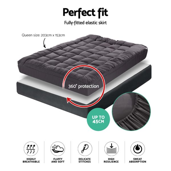 Mattress Topper Pillowtop 1000GSM Charcoal Microfibre Bamboo Fibre Filling Protector – QUEEN