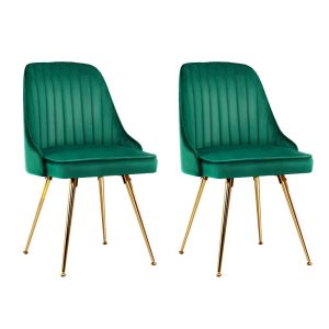 Set of 2 Dining Chairs Retro Chair Cafe Kitchen Modern Metal Legs Velvet – Green