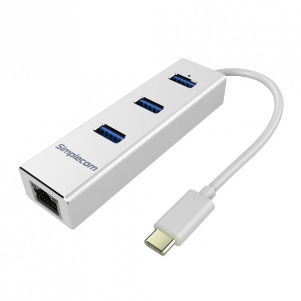 SIMPLECOM CHN411 Silver Aluminium USB Type C to 3 Port USB 3.0 Hub with Gigabit Ethernet Adapter – CBAT-USBCLAN