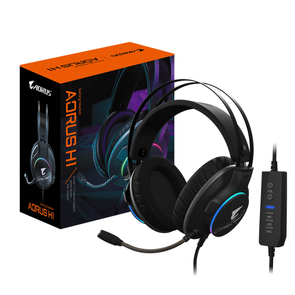 GIGABYTE AORUS H1 Gaming Headset, Virtual 7.1 Channel, 50mm Drivers, RGB, In-Line Audio Controls, ENC Microphone,