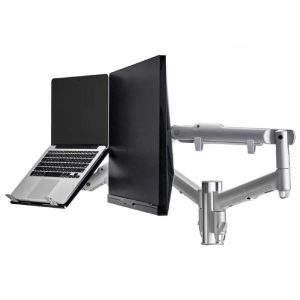 Atdec AWM Dual Arm Solution - Dynamic Arms  - 135mm post - F Clamp - Silver w/ Notebook Tray