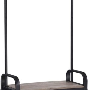 Greige and Black Steel Freestanding Coat Rack Stand with Removable Hooks, Bench and Shoe Rack, Height 183 cm