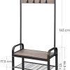 Greige and Black Steel Freestanding Coat Rack Stand with Removable Hooks, Bench and Shoe Rack, Height 183 cm