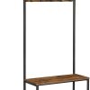 Rustic Brown Coat Rack Stand with Hallway Shoe Rack and Bench with Shelves Matte Metal Frame Height 175 cm