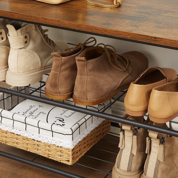 Rustic Brown Coat Rack Stand with Hallway Shoe Rack and Bench with Shelves Matte Metal Frame Height 175 cm