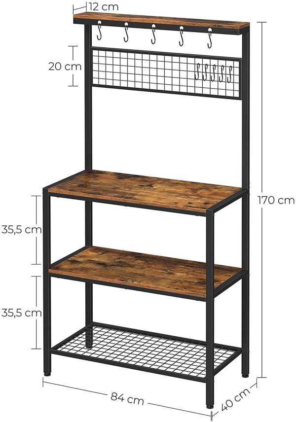 Industrial Kitchen Baker’s Rack with Storage Shelves 10 Hooks and Metal Mesh Shelf 84 x 40 x 170 cm Rustic Brown