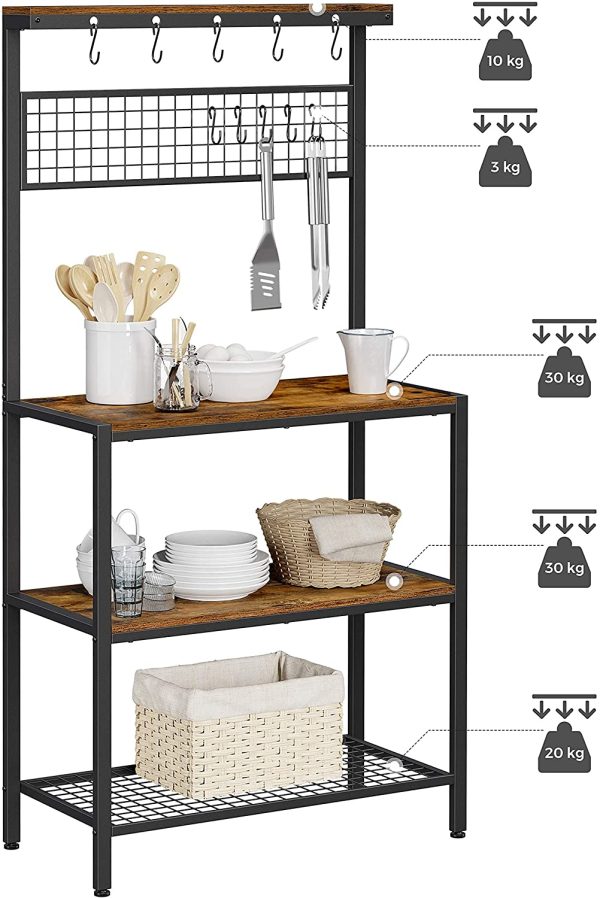 Industrial Kitchen Baker’s Rack with Storage Shelves 10 Hooks and Metal Mesh Shelf 84 x 40 x 170 cm Rustic Brown