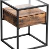 Tempered Glass End Table with Drawer and Rustic Shelf  Stable Iron Frame