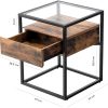 Tempered Glass End Table with Drawer and Rustic Shelf  Stable Iron Frame