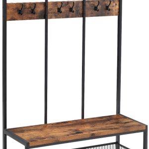 Large Coat Rack Stand with 12 Hooks and Shoe Bench Rustic Brown and Black