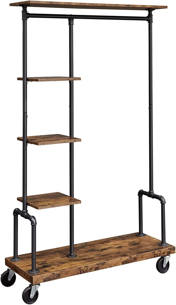 Clothing Garment Rack on Wheels with 5-Tier, Industrial Pipe Style, Rustic Brown