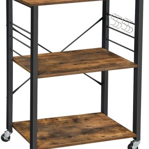 Kitchen Baker's Rack,  3-Tier Serving Cart with Metal Frame and 6 Hooks, Rustic Brown