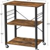 Kitchen Baker’s Rack,  3-Tier Serving Cart with Metal Frame and 6 Hooks, Rustic Brown