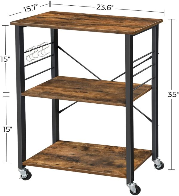 Kitchen Baker’s Rack,  3-Tier Serving Cart with Metal Frame and 6 Hooks, Rustic Brown