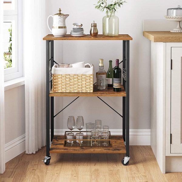 Kitchen Baker’s Rack,  3-Tier Serving Cart with Metal Frame and 6 Hooks, Rustic Brown