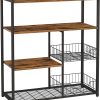 Baker’s Rack with 2 Metal Mesh Baskets, Shelves and Hooks, 80 x 35 x 95 cm, Industrial Style, Rustic Brown