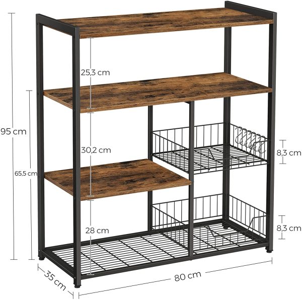 Baker’s Rack with 2 Metal Mesh Baskets, Shelves and Hooks, 80 x 35 x 95 cm, Industrial Style, Rustic Brown