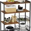 Baker’s Rack with 2 Metal Mesh Baskets, Shelves and Hooks, 80 x 35 x 95 cm, Industrial Style, Rustic Brown