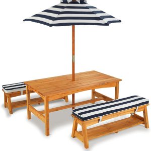 Outdoor Table & Bench Set with Cushions & Umbrella (Navy)