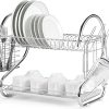 2 Tier Dish Rack with Drain Board for Kitchen Counter and Plated Chrome Dish Dryer Silver 42 x 25,5 x 38 cm