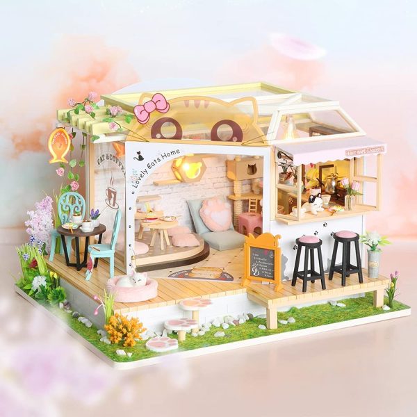 Dollhouse Miniature with Furniture Kit Plus Dust Proof and Music Movement – Cat Coffee (Valentine’s Day Gift Idea)