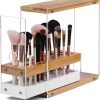 31 Holes Acrylic Bamboo Brush Holder Organiser Beauty Cosmetic Display Stand with Leather Drawer White (22.3 x 8.6 x 21.5 cm)