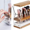 31 Holes Acrylic Bamboo Brush Holder Organiser Beauty Cosmetic Display Stand with Leather Drawer White (22.3 x 8.6 x 21.5 cm)