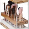 31 Holes Acrylic Bamboo Brush Holder Organiser Beauty Cosmetic Display Stand with Leather Drawer White (22.3 x 8.6 x 21.5 cm)