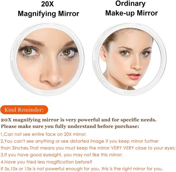 20X Magnifying Hand Mirror with Suction Cups Use for Makeup Application, Tweezing, and Blackhead/Blemish Removal (15 cm – White