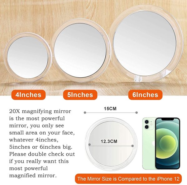 20X Magnifying Hand Mirror with Suction Cups Use for Makeup Application, Tweezing, and Blackhead/Blemish Removal (15 cm – White