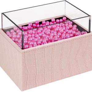 Leather Makeup Brush Cosmetic Organiser Storage Box with Pink Pearls and Acrylic Cover (Pink)