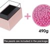 Leather Makeup Brush Cosmetic Organiser Storage Box with Pink Pearls and Acrylic Cover (Pink)