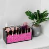 Leather Makeup Brush Cosmetic Organiser Storage Box with Pink Pearls, Acrylic Cover and 3 Compartments(Black)