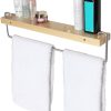 Wall Mount Solid Wood Shelf with Towel Rack Bar Holder Bathroom Organizer Hanger