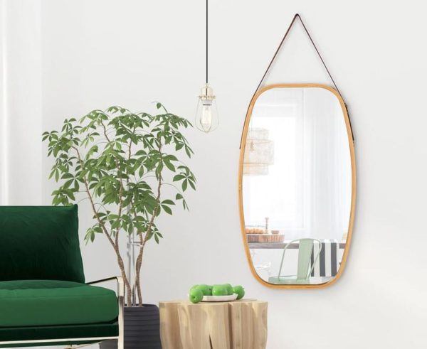 Hanging Full Length Wall Mirror – Solid Bamboo Frame and Adjustable Leather Strap for Bathroom and Bedroom